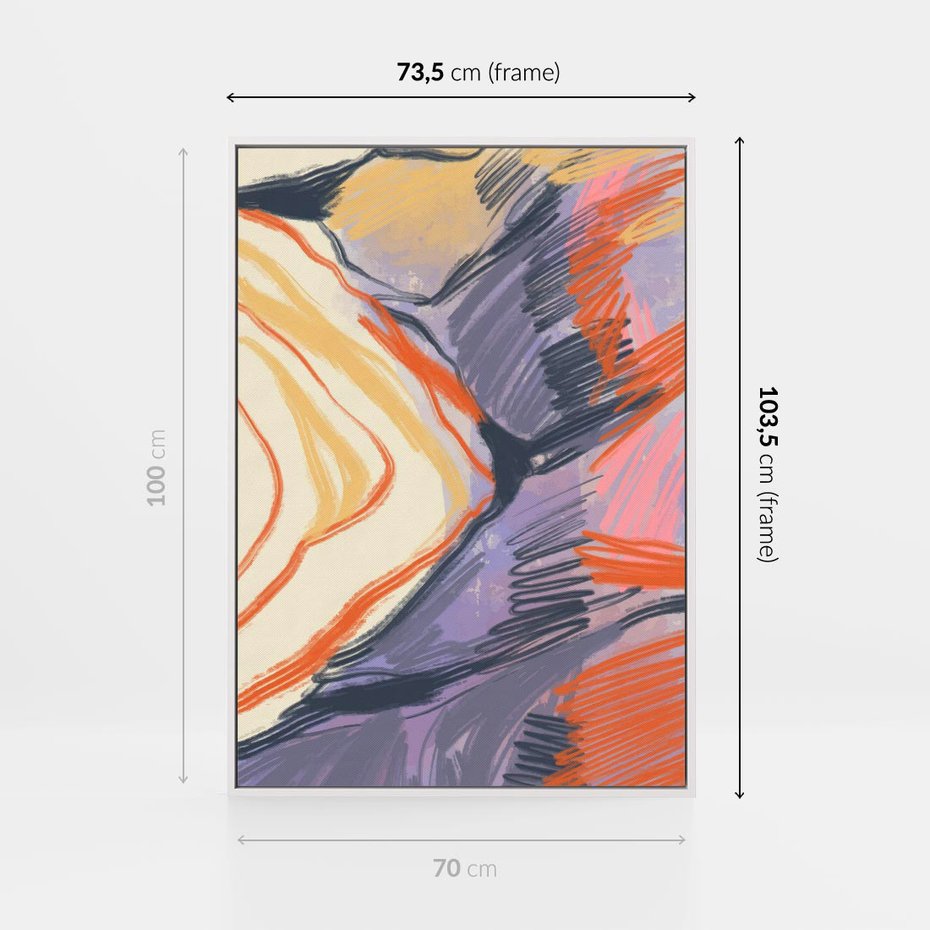 Obraz w ramie 70x100 - Pokreślony Świat - abstrakcyjne formy, odcienie pomarańczu i fioletu - rama biała