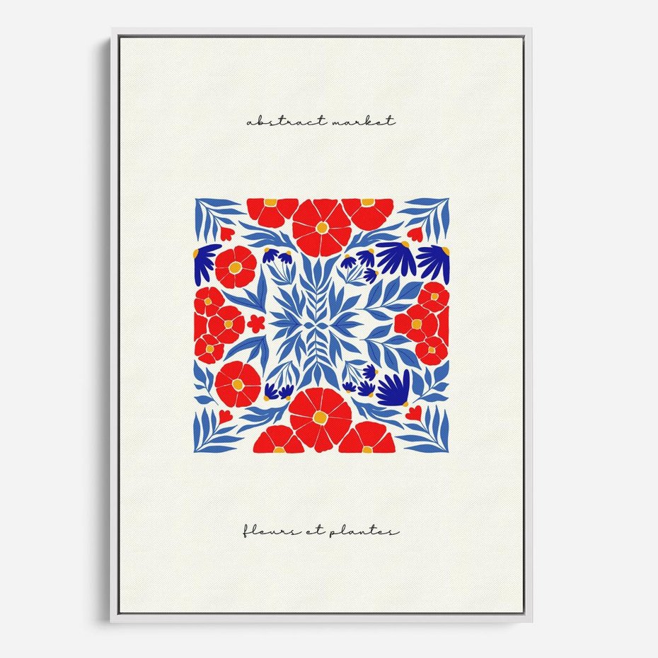 Obraz w ramie 70x100 - Tajemnicza Droga - nowoczesna kwiatowa kompozycja, czerwony i niebieski - rama biała