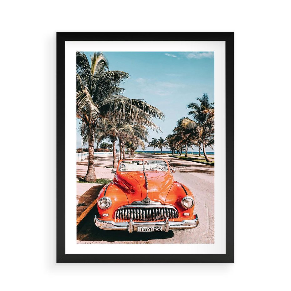 Plakat w ramie 50x70 - Retro Przejażdżka - pomarańczowy retro samochód, kabriolet - rama czarna