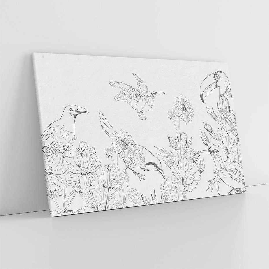 Obraz na płótnie 100x70 - Tropiki w Monochromie - czarno biały szkic, tropikalne ptaki