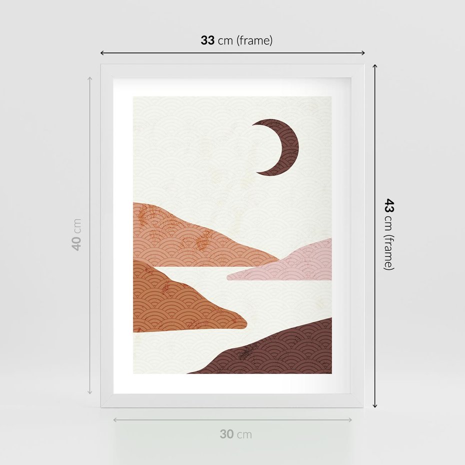 Plakat w ramie 30x40 - Księżycowa Refleksja - nowoczesna sztuka, góry - rama biała