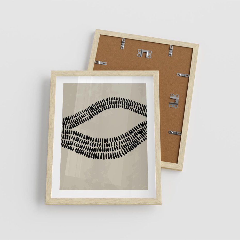 Plakat w ramie 40x50 - Kontury Ewolucji Materii - boho plakat, czarne kropki kreski - rama drewno