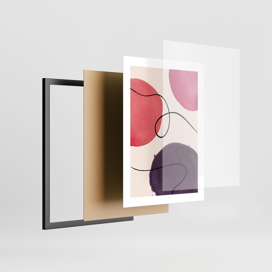 Plakat w ramie 30x40 - Migoczące Echo - abstrakcyjne akwarelowe plamy, nieregularne linie - rama czarna