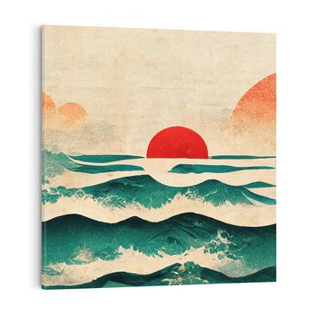 Obraz na płótnie 40x40 - Czerwone Melodie - japońska sztuka, zachód słońca nad oceanem