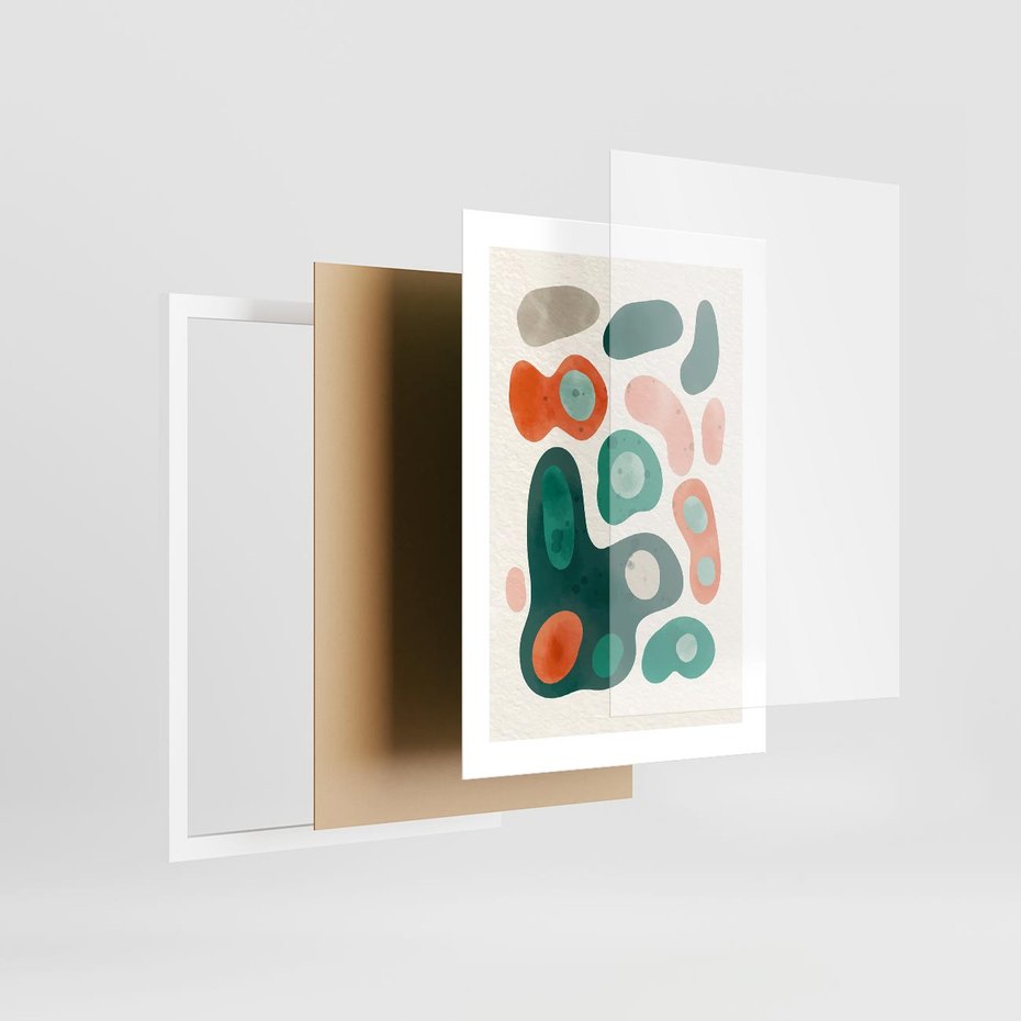 Plakat w ramie 30x40 - Kolorowe Przenikanie - przypadkowe abstrakcyjne plamy, pomarańczowy i zielony - rama biała