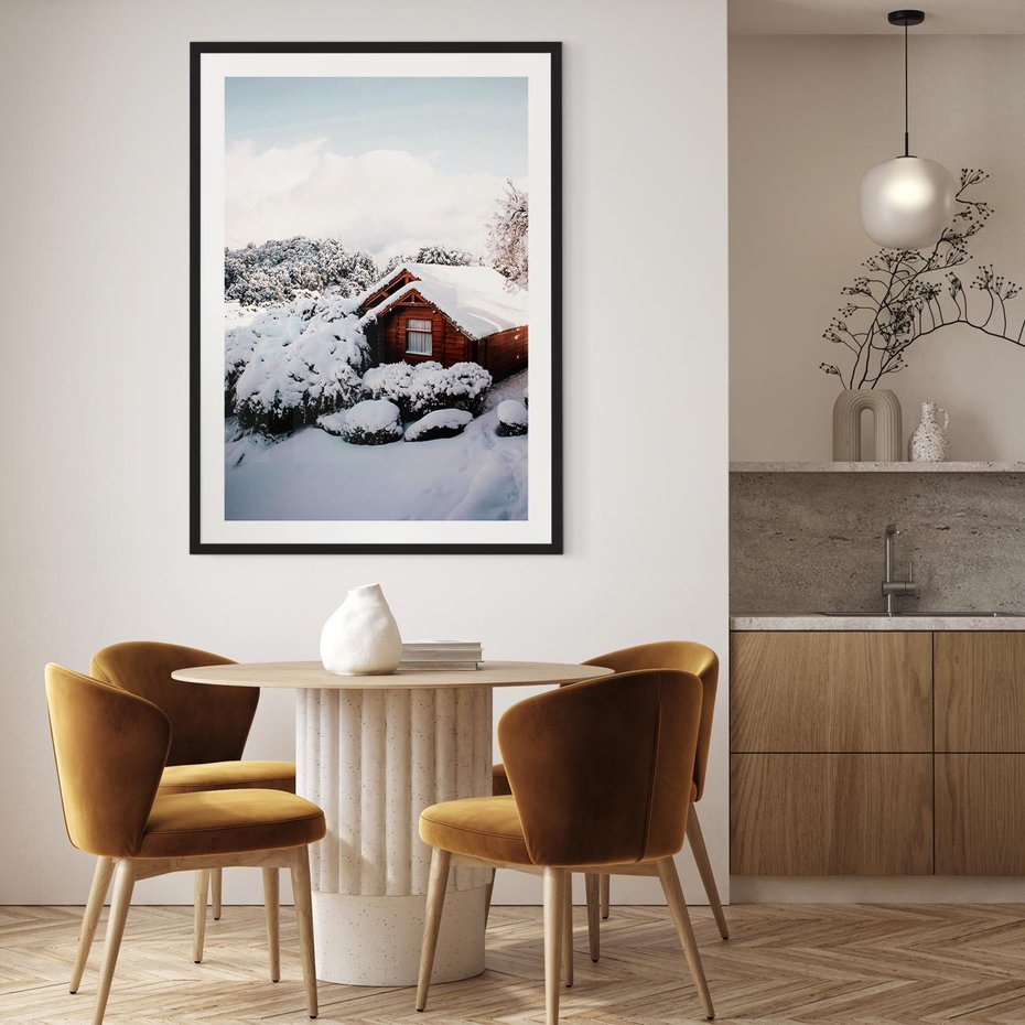 Plakat w ramie 50x70 - Zimowa Idylla w Górach - zima w górach, ośnieżone góry - rama czarna