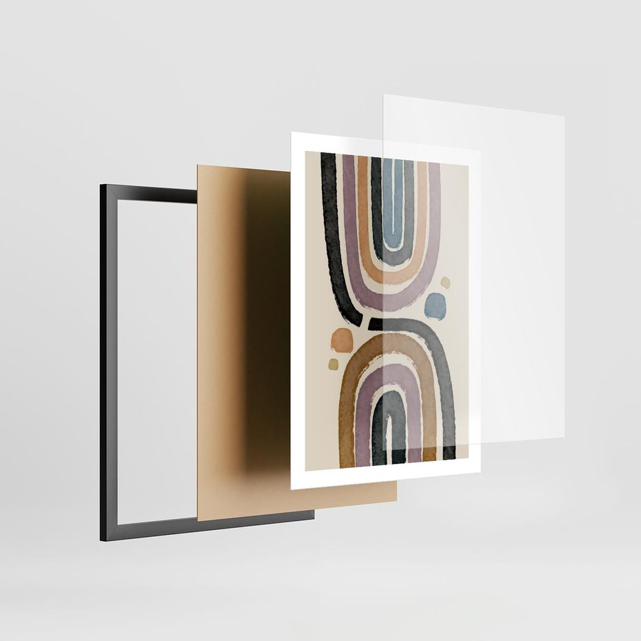 Plakat w ramie 50x70 - Taniec Przenikających Kształtów - abstrakcyjne tęcze, kompozycja - rama czarna