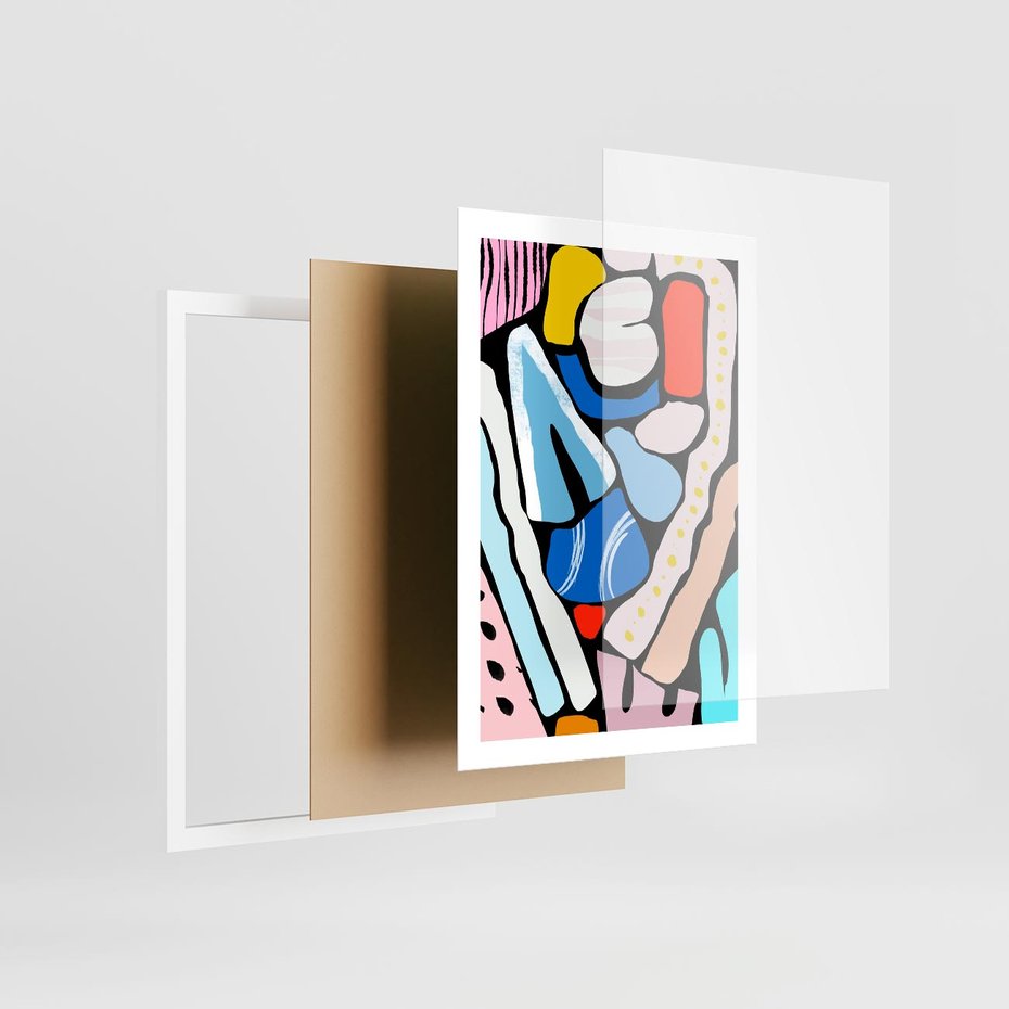 Plakat w ramie 50x70 - Kolory Na Czerni - abstrakcyjne formy, komiksowy styl - rama biała