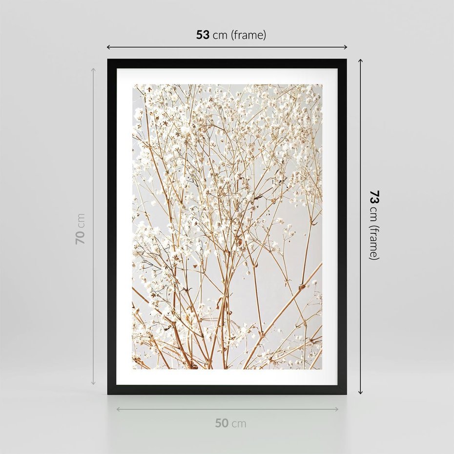 Plakat w ramie 50x70 - Minimalistyczna Delikatność - białe kwiaty, gipsówka - rama czarna