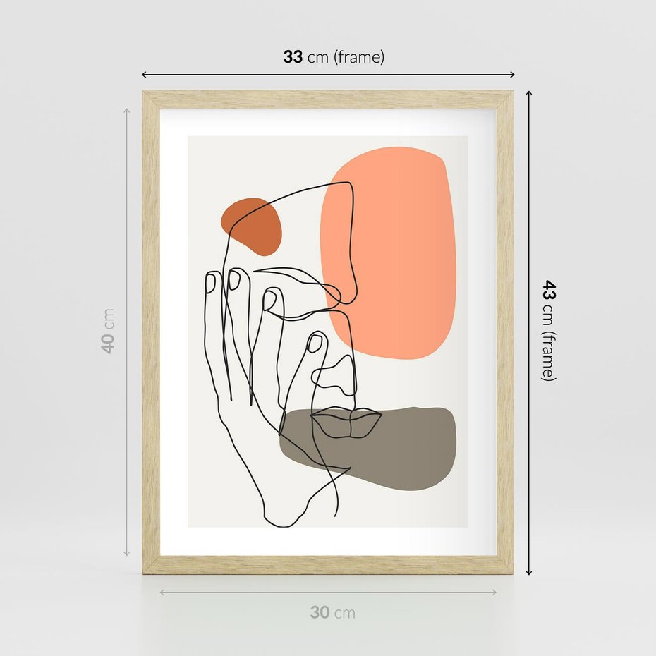 Plakat w ramie 30x40 - Ekspresja Kolorów: Szkic - one line szkic twarzy, kolorowe plamy - rama drewno