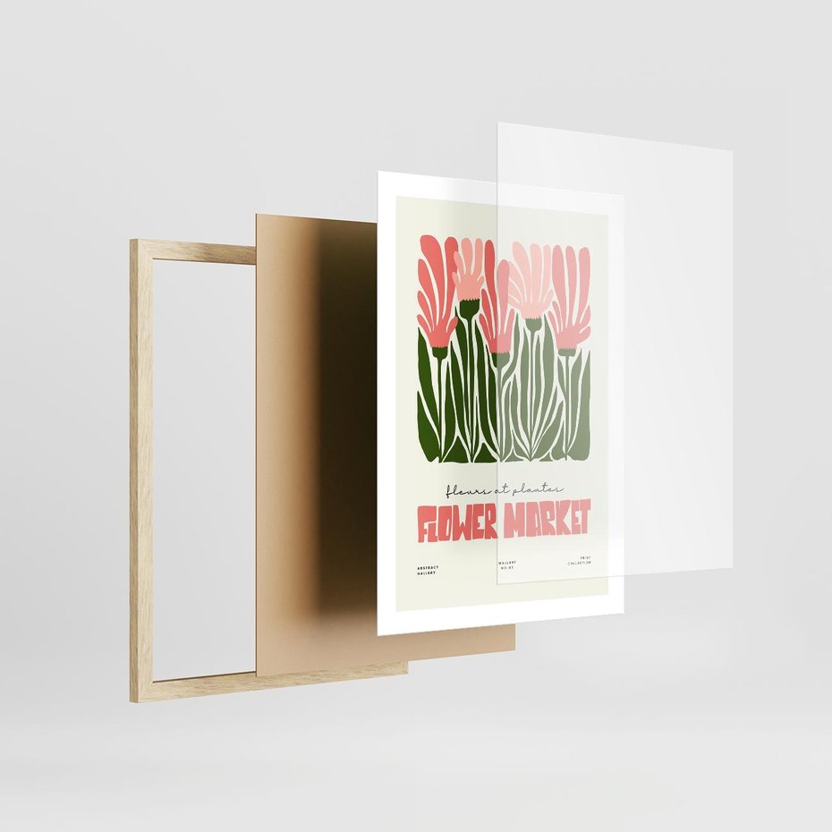 Plakat w ramie 50x70 - Symfonia Kolorowych Kształtów - nowoczesna grafika, kwiatowa kompozycja - rama drewno