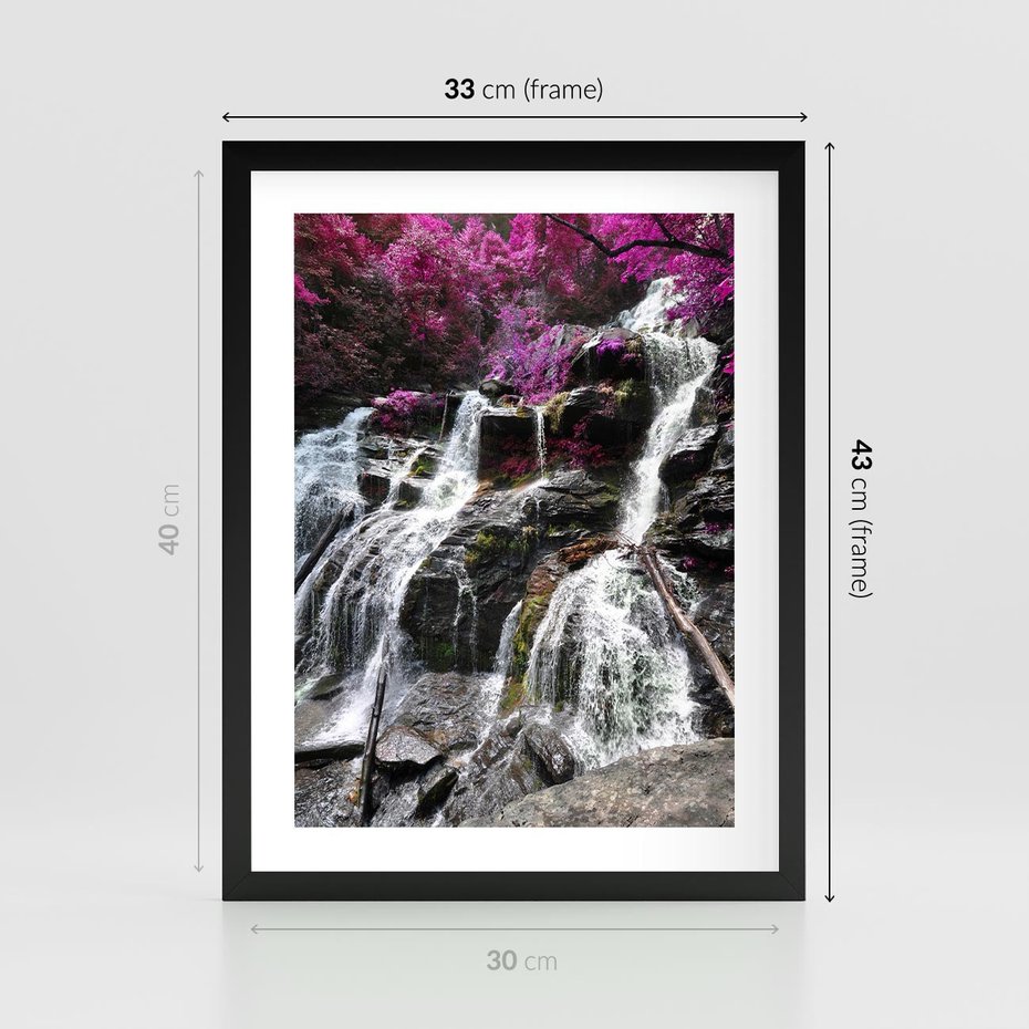 Plakat w ramie 30x40 - Wodospad wśród majestatycznych gór - wodospad, góry - rama czarna