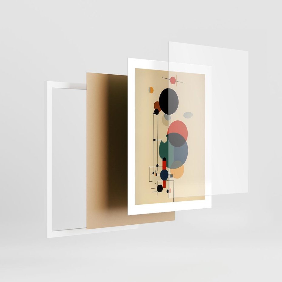 Plakat w ramie 30x40 - Migocące Impresje Odniesień - abstrakcyjna geometryczna kompozycja, koła linie - rama biała