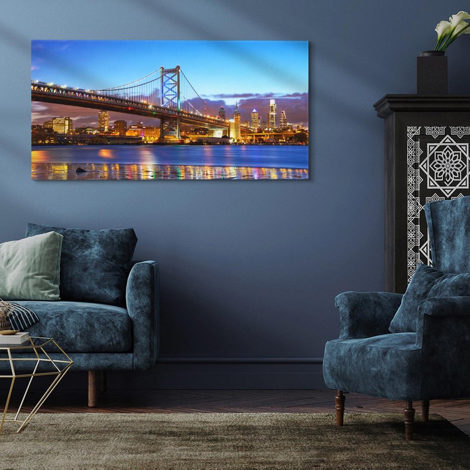 Obraz na płótnie 140x70 - Zachód słońca na moście w Filadelfii - Filadelfia, most