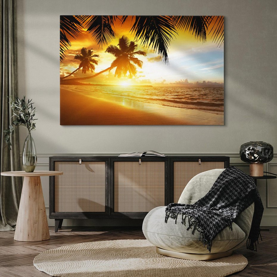 Obraz na płótnie 70x50 - Sielska plaża z palmami i morzem - plaża, morze