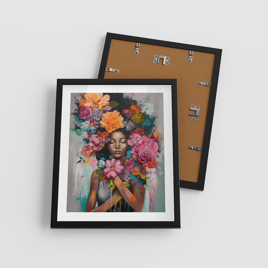 Plakat w ramie 40x50 - Z Głową w Kwiatach - obraz olejny, sztuka nowoczesna - rama czarna