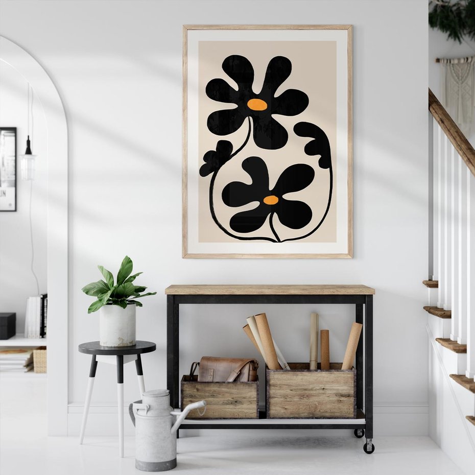 Plakat w ramie 40x50 - Wyjątkowość Boho - minimalistyczny abstrakcyjny obraz, prymitywne kwiaty - rama drewno