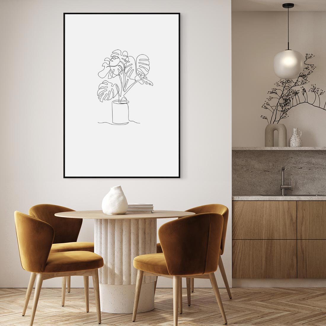 Obraz w ramie 70x100 - Tajemnicza Harmonia - sztuka one line, monstera - rama czarna