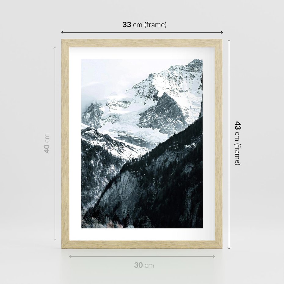 Plakat w ramie 30x40 - Góry w Zimowym Uścisku - góry, ośnieżone szczyty - rama drewno
