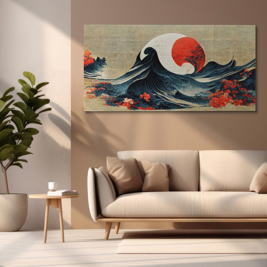Obraz na płótnie 140x70 - Requiem dla marzeń - sztuka japońska, fale oceanu