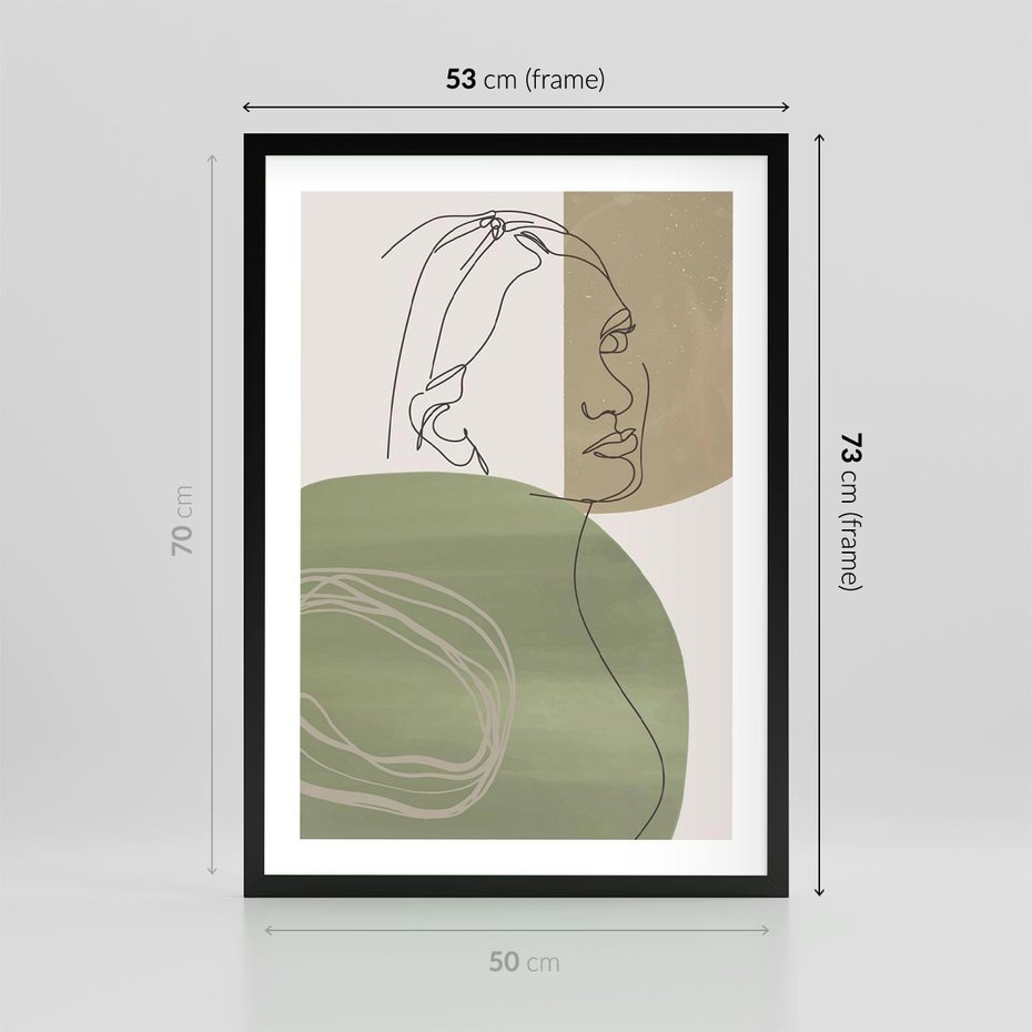 Plakat w ramie 50x70 - Jedna Linia, Wiele Emocji - akwarelowe plamy, na nich szkic postaci kobiety jedną linią - rama czarna
