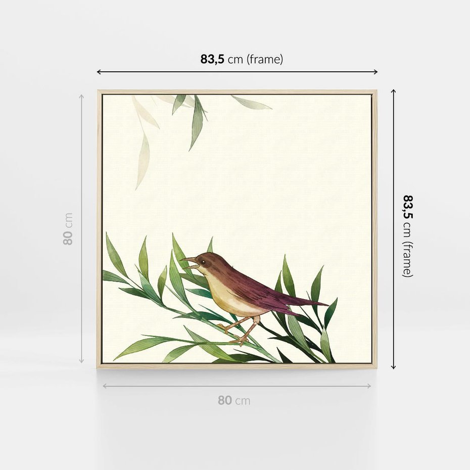 Obraz w ramie 80x80 - Roślinne Nastroje - japońska sztuka, ptak - rama drewno