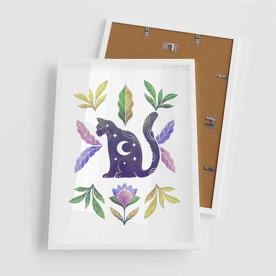 Plakat w ramie 50x70 - Migotliwa Przestrzeń - boho kot, plakat - rama biała