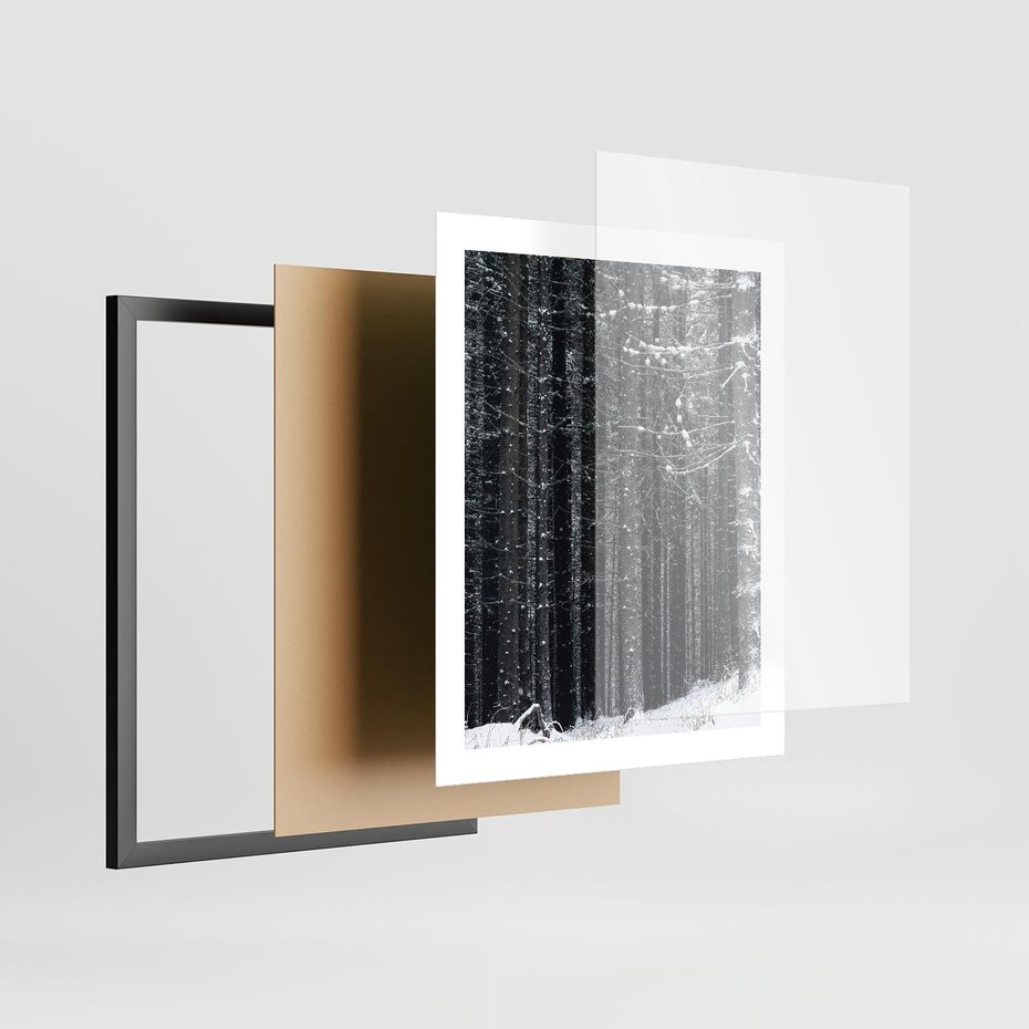 Plakat w ramie 40x50 - Leśna Cisza: Malowniczy Pejzaż Zimą - las zimą, ośnieżone pnie drzew - rama czarna