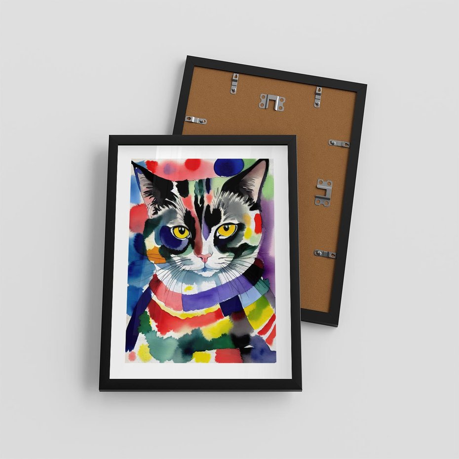 Plakat w ramie 30x40 - Koci Przyjaciel - abstrakcyjny obraz, akwarela - rama czarna