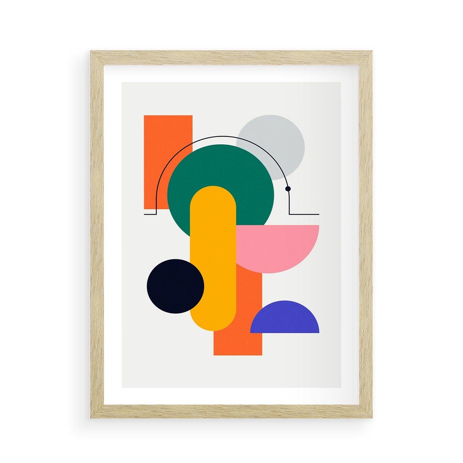 Plakat w ramie 50x70 - Harmonijne Przenikanie Form - nowoczesna sztuka, geometryczna kolorowa grafika - rama drewno