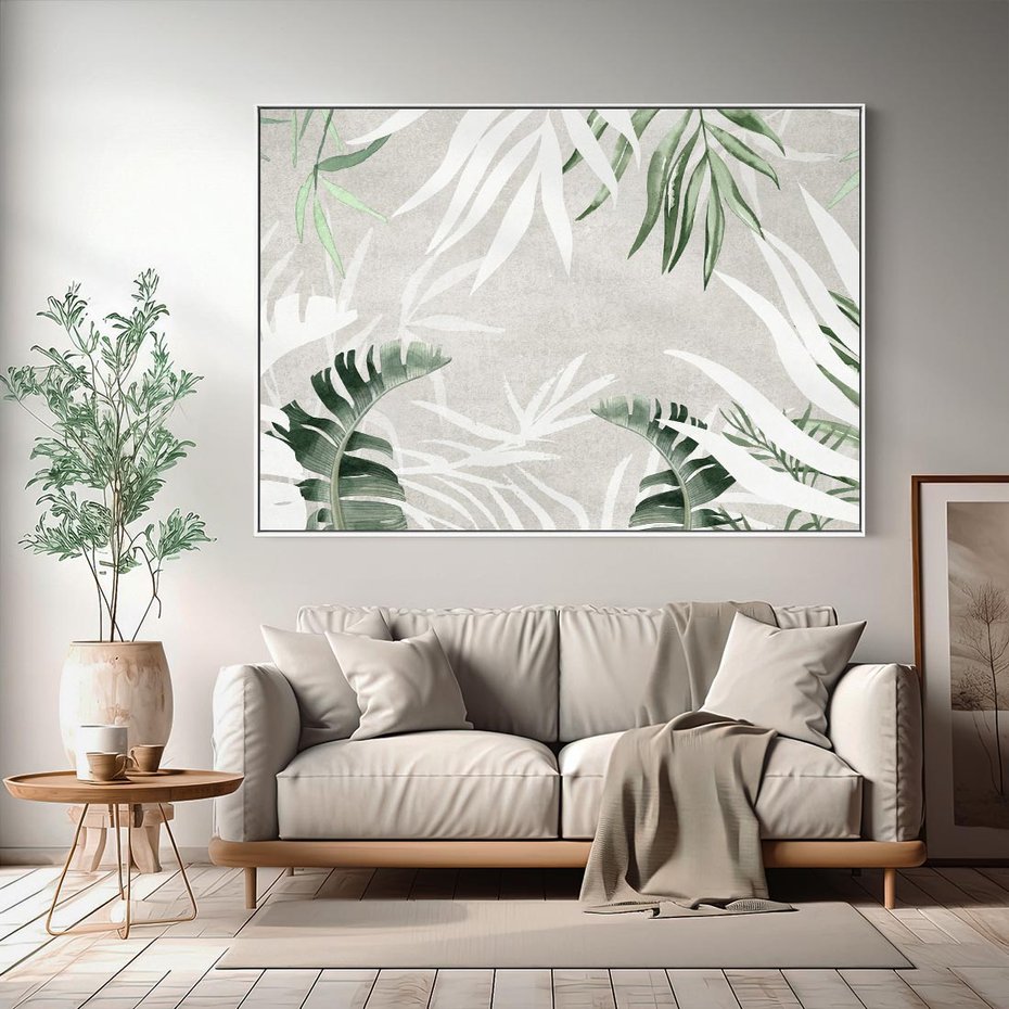 Obraz w ramie 120x80 - Zielony Raj - monstera, palmy - rama biała