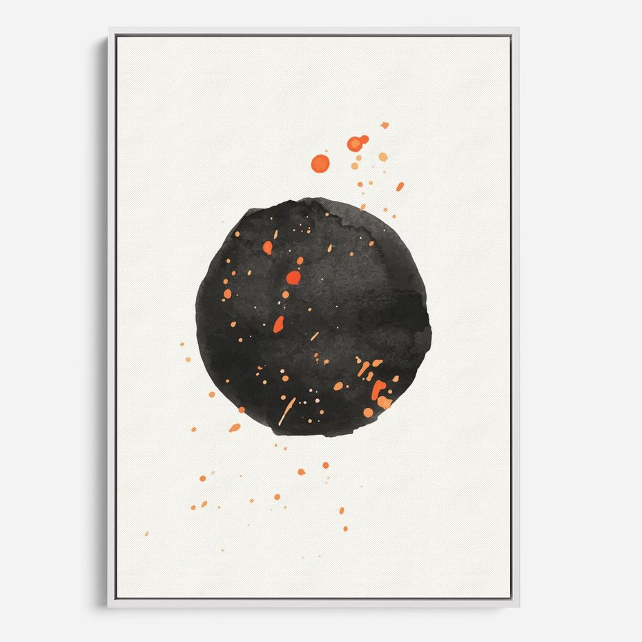 Obraz w ramie 70x100 - Wibracje Kolorów - abstrakcyjna czarna plama, rozsiane pomarańczowe kropki - rama biała