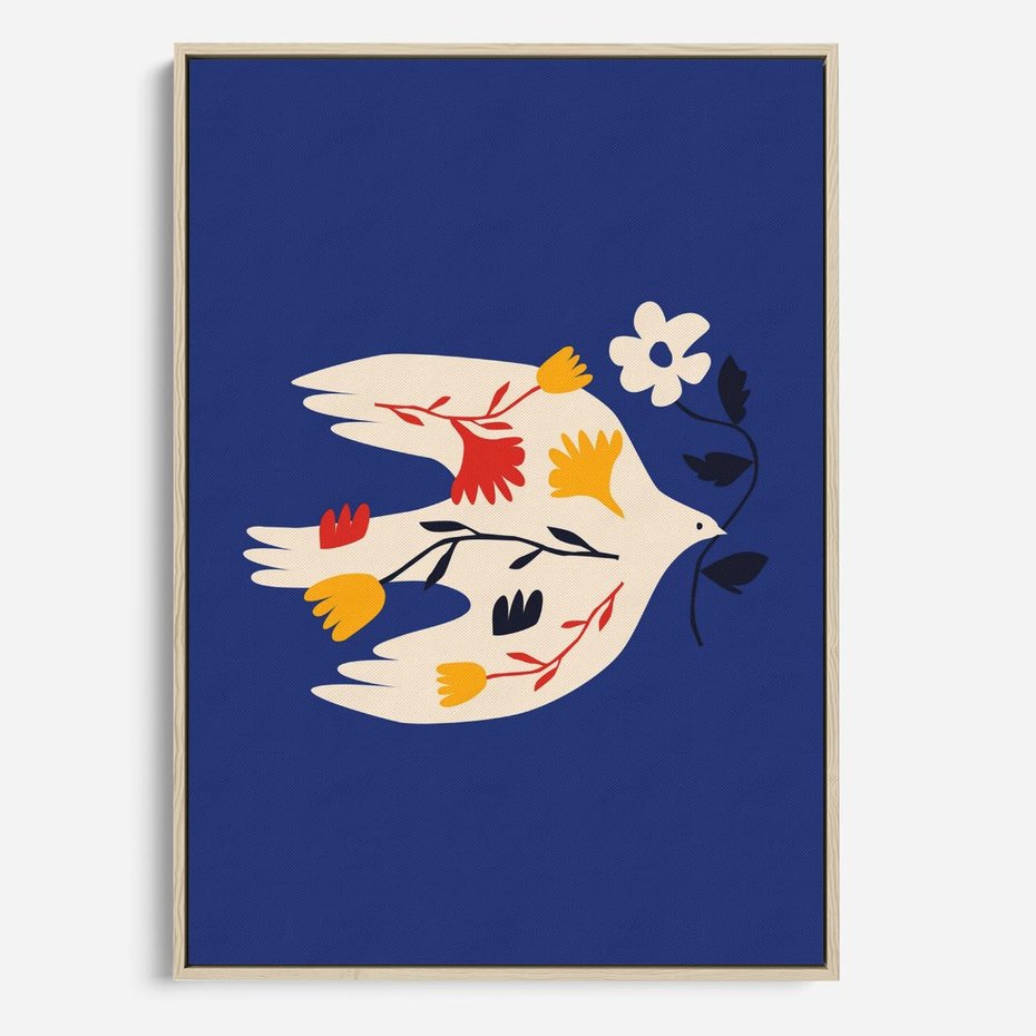 Obraz w ramie 80x120 - Bezczasowy Szept - niebieskie tło, abstrakcyjny biały ptak - rama drewno