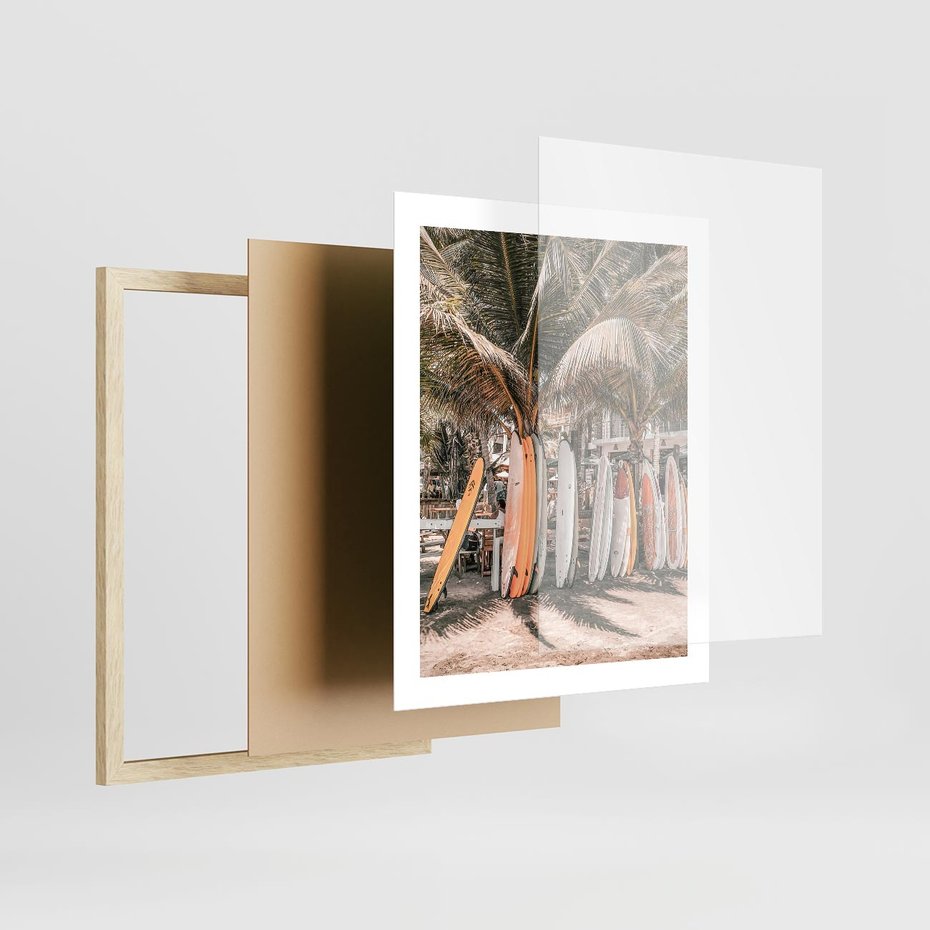 Plakat w ramie 40x50 - Surfingowy Raj - deski surfingowe, na plaży - rama drewno