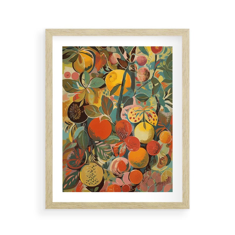 Plakat w ramie 40x50 - Księga Surrealnych Wyobrażeń - abstrakcyjny obraz owoców, jak picasso - rama drewno