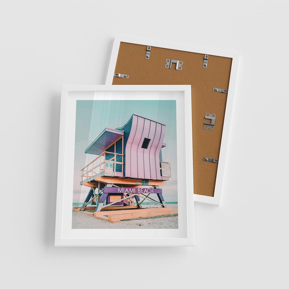 Plakat w ramie 40x50 - Miami Beach - plaża miami, domek ratownika - rama biała