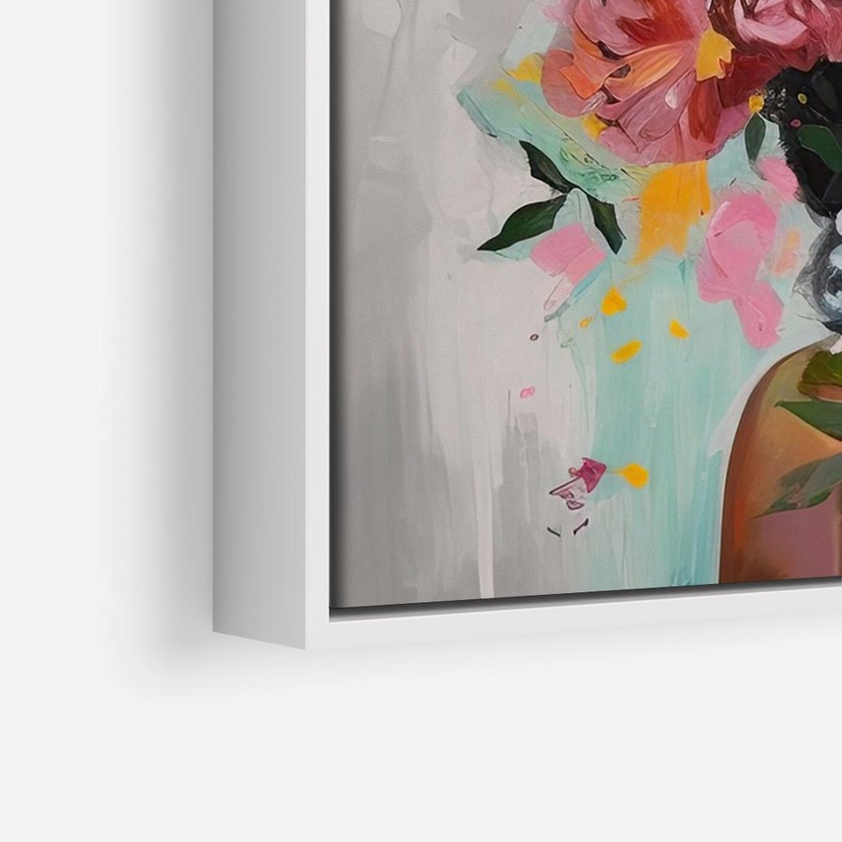 Obraz w ramie 120x80 - Z Głową w Kwiatach - obraz olejny, sztuka nowoczesna - rama biała