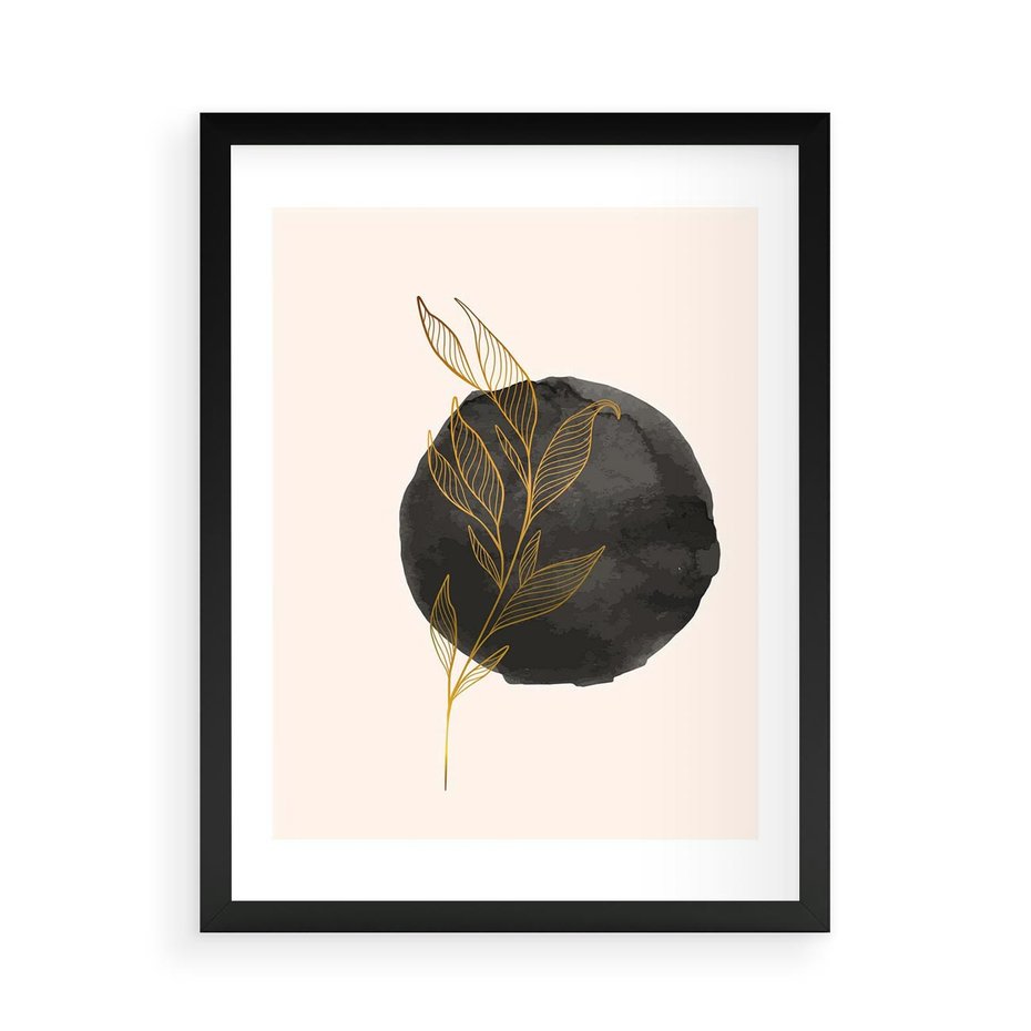Plakat w ramie 50x70 - Złota Gałązka na Tle Akwarelowej Ciemności - złota gałązka, czarna plama akwarelowa w tle - rama czarna