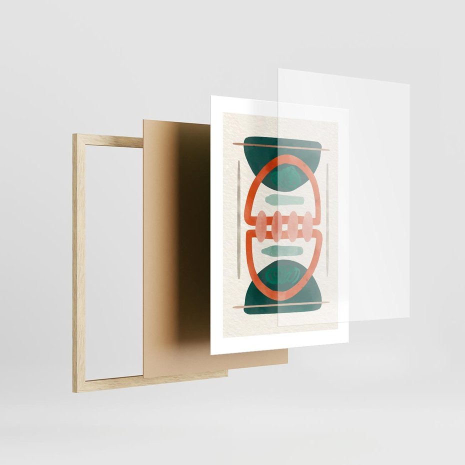 Plakat w ramie 30x40 - Oryginalny obraz abstrakcyjny w nowoczesnym stylu. Geometryczne akwarelowe kształty w intensywnych odcieniach zieleni i pomarańczu. Doskonała dekoracja dla miłośników sztuki. - abstrakcyjny obraz, sztuka nowoczesna - rama drewno