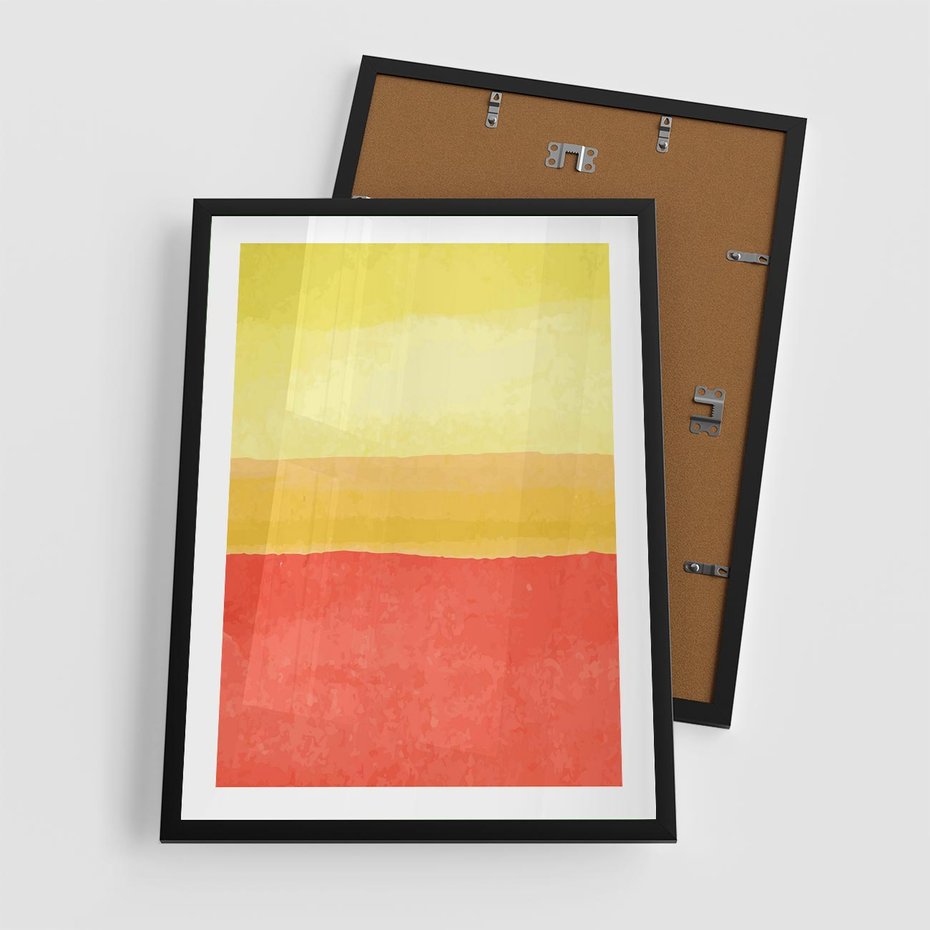 Plakat w ramie 50x70 - Rozmyte Odbicia - kolorowe akwarelowe pasy, odcienie żółci i czerwieni - rama czarna