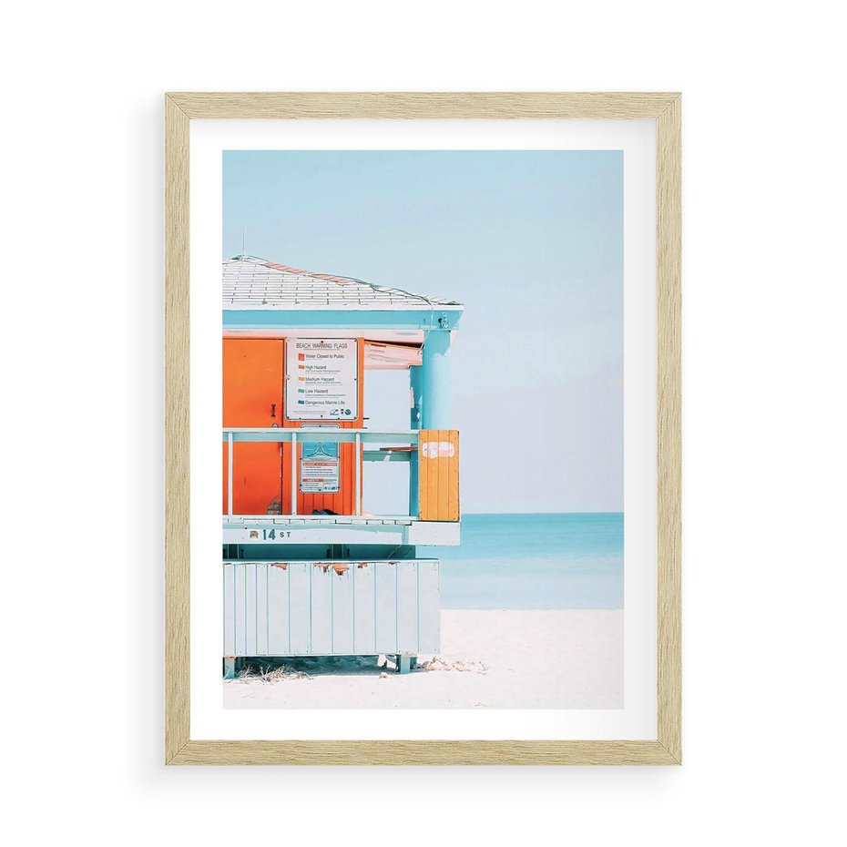 Plakat w ramie 50x70 - Letnia Idylla - plaża, domek na plaży - rama drewno
