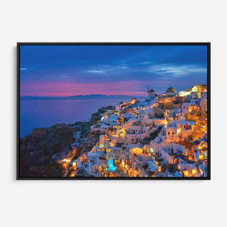 Obraz w ramie 100x70 - Wyblakłe wspomnienia gwiazd - Santorini, wieczór - rama czarna