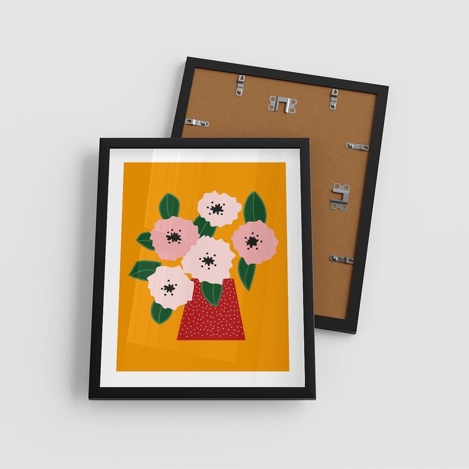 Plakat w ramie 40x50 - Harmonijne Granice - abstrakcyjne kwiaty, żółte tło - rama czarna