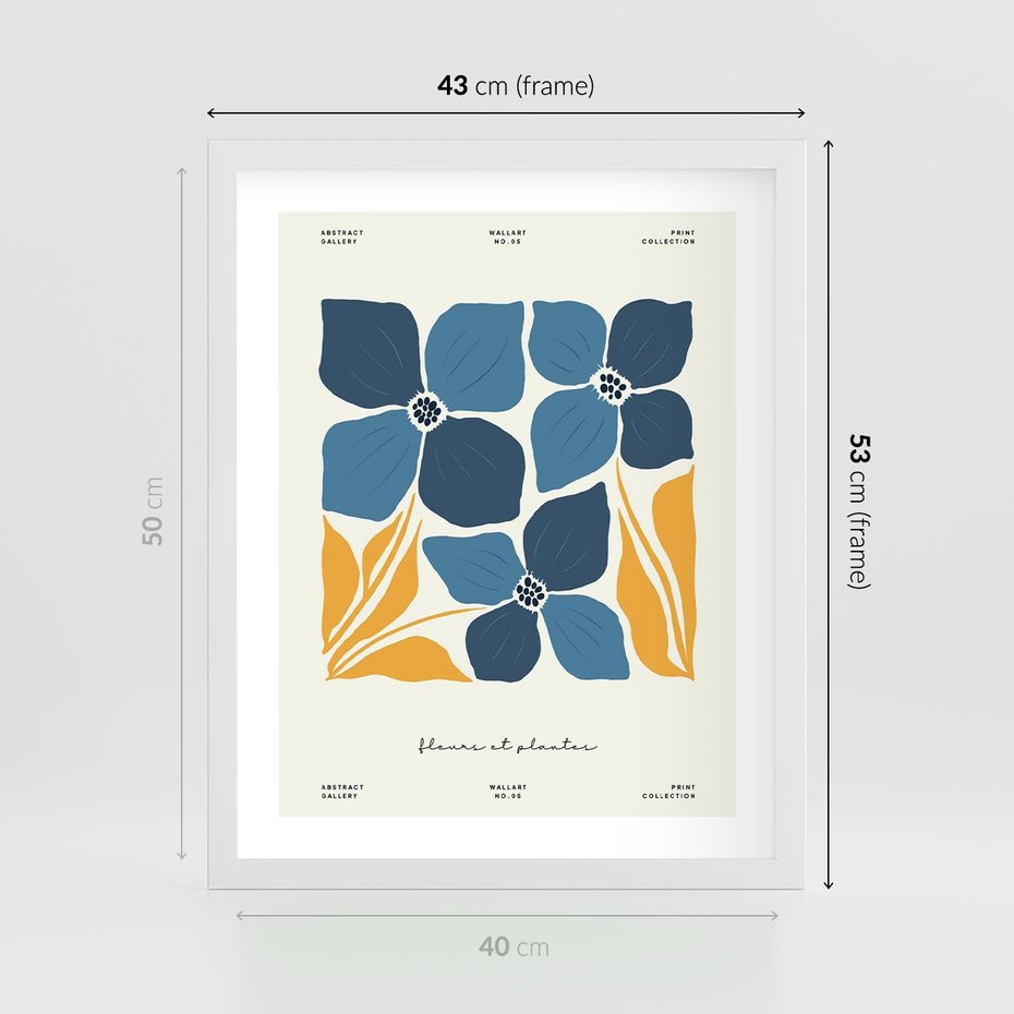 Plakat w ramie 40x50 - Błękitne Nowości - niebieskie kwiaty, nowoczesna sztuka - rama biała