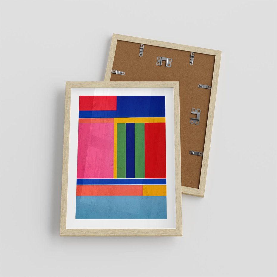 Plakat w ramie 30x40 - Wnętrza Rozplątanych Barw - abstrakcyjny geometryczny obraz olejny, kolorowe pasy - rama drewno