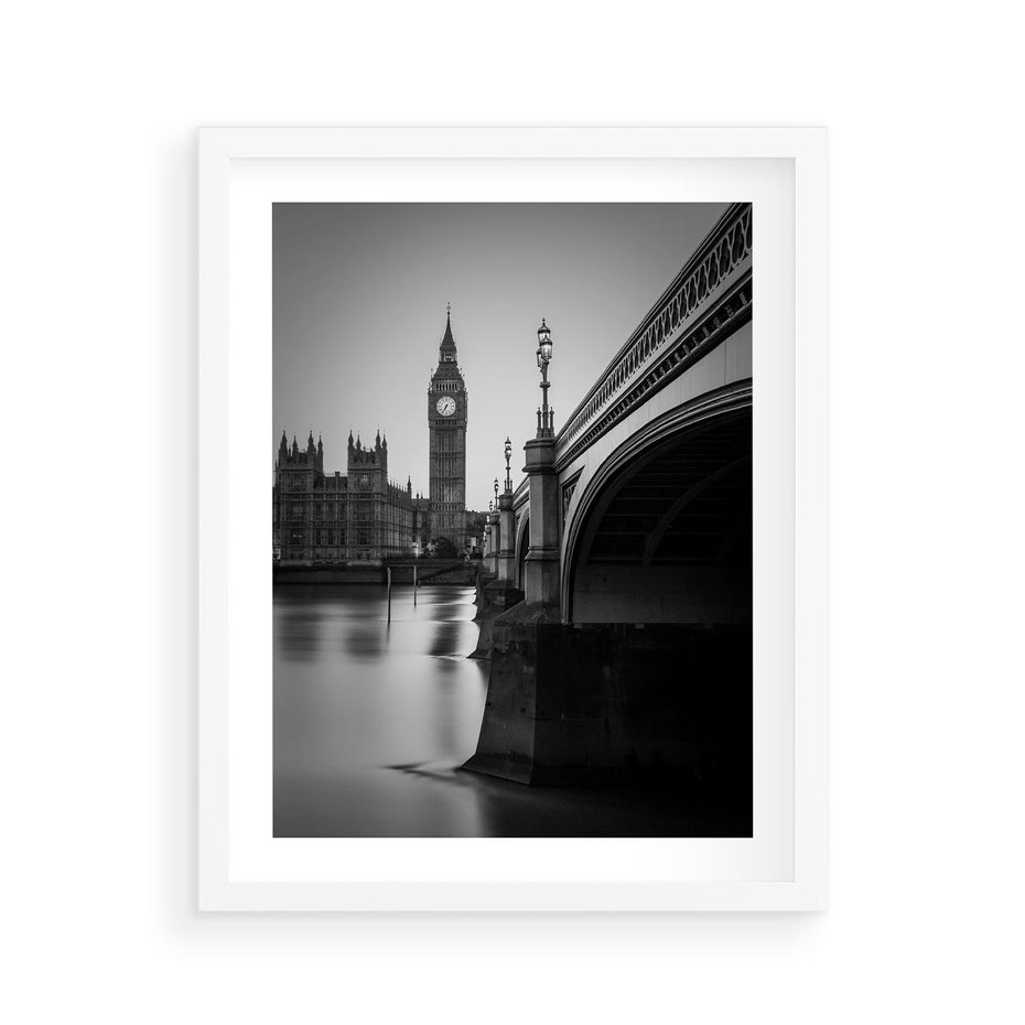 Plakat w ramie 40x50 - Majestatyczny Big Ben w Londynie - Londyn, most - rama biała