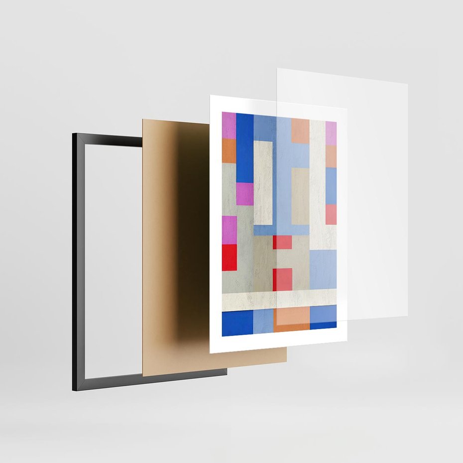 Plakat w ramie 30x40 - Bezczasowe Przenikanie Kształtów - abstrakcyjne geometryczne kształty, olejny obraz - rama czarna