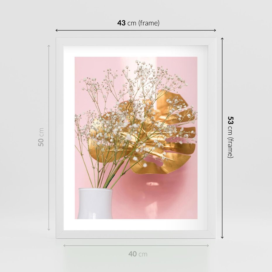 Plakat w ramie 40x50 - Blask Natury - złote, liście - rama biała