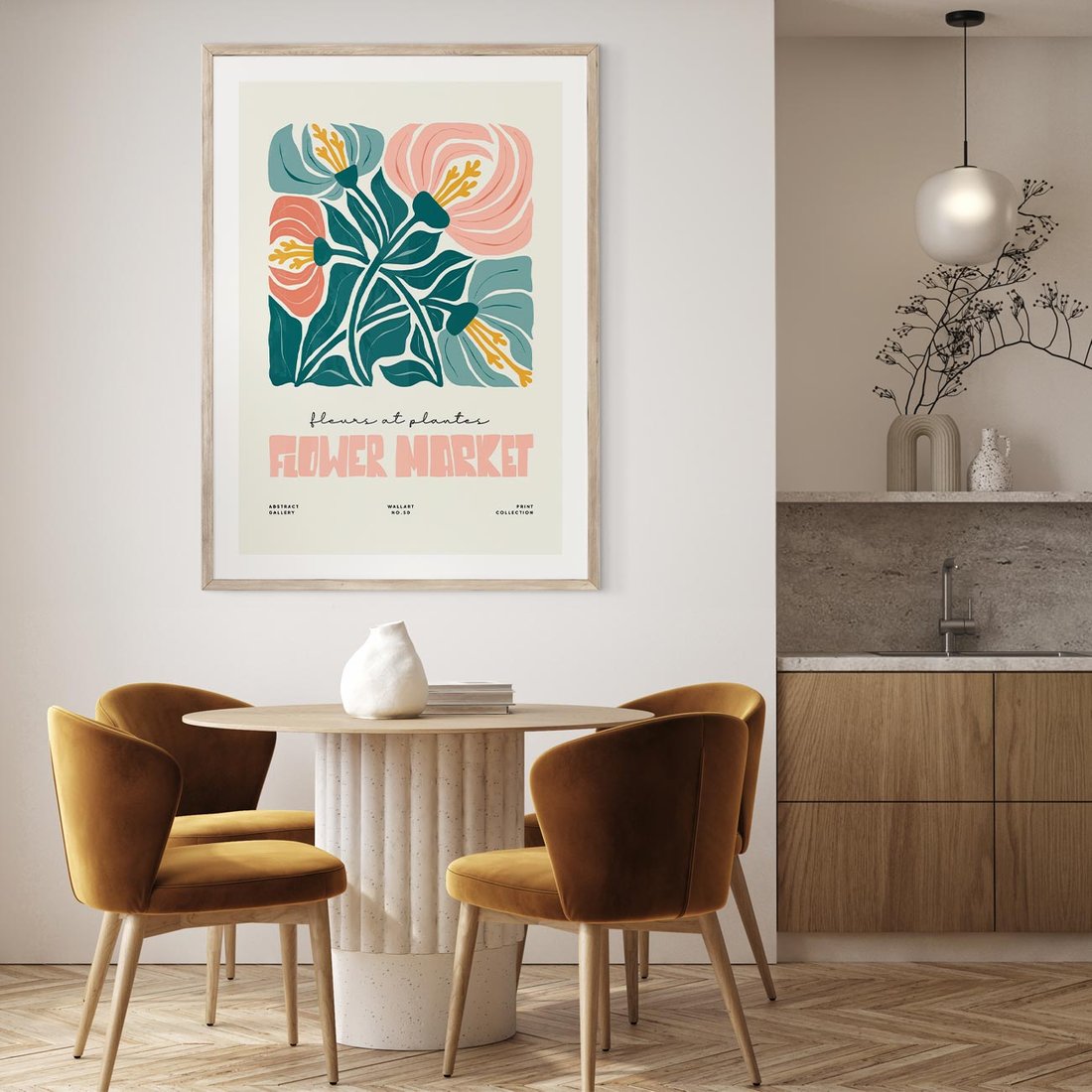 Plakat w ramie 50x70 - Taniec Kształtów - kwiaty, abstrakcyjna kompozycja - rama drewno