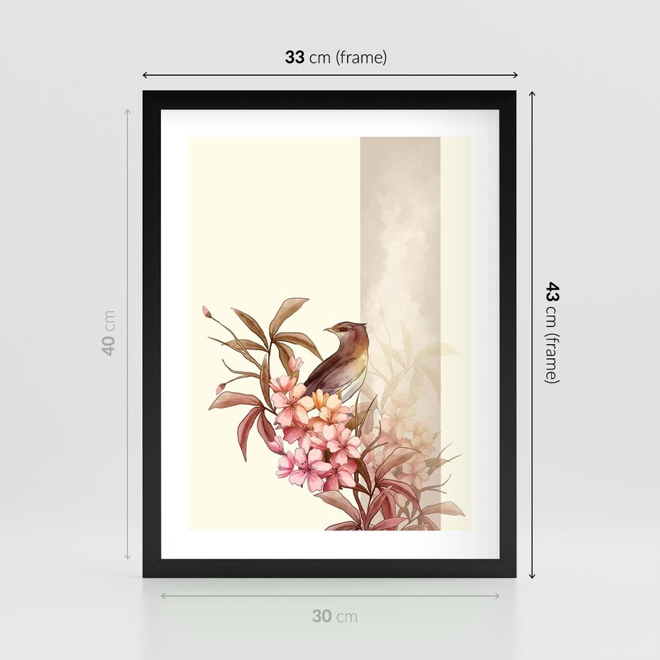 Plakat w ramie 30x40 - Kwiatowe Zanurzenie - japońska sztuka, ptak - rama czarna
